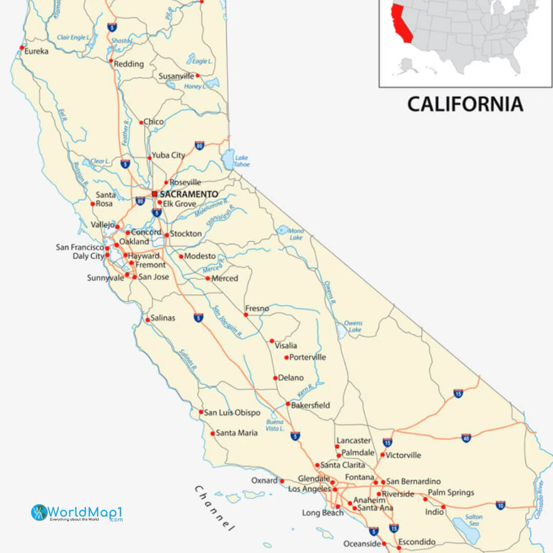 California Roads and Rivers Map